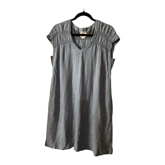 Maeve Dresses & Skirts - Maeve Anthropologie Blue Linen Smocked Jacquard Shift Dress V-Neck Pockets XS